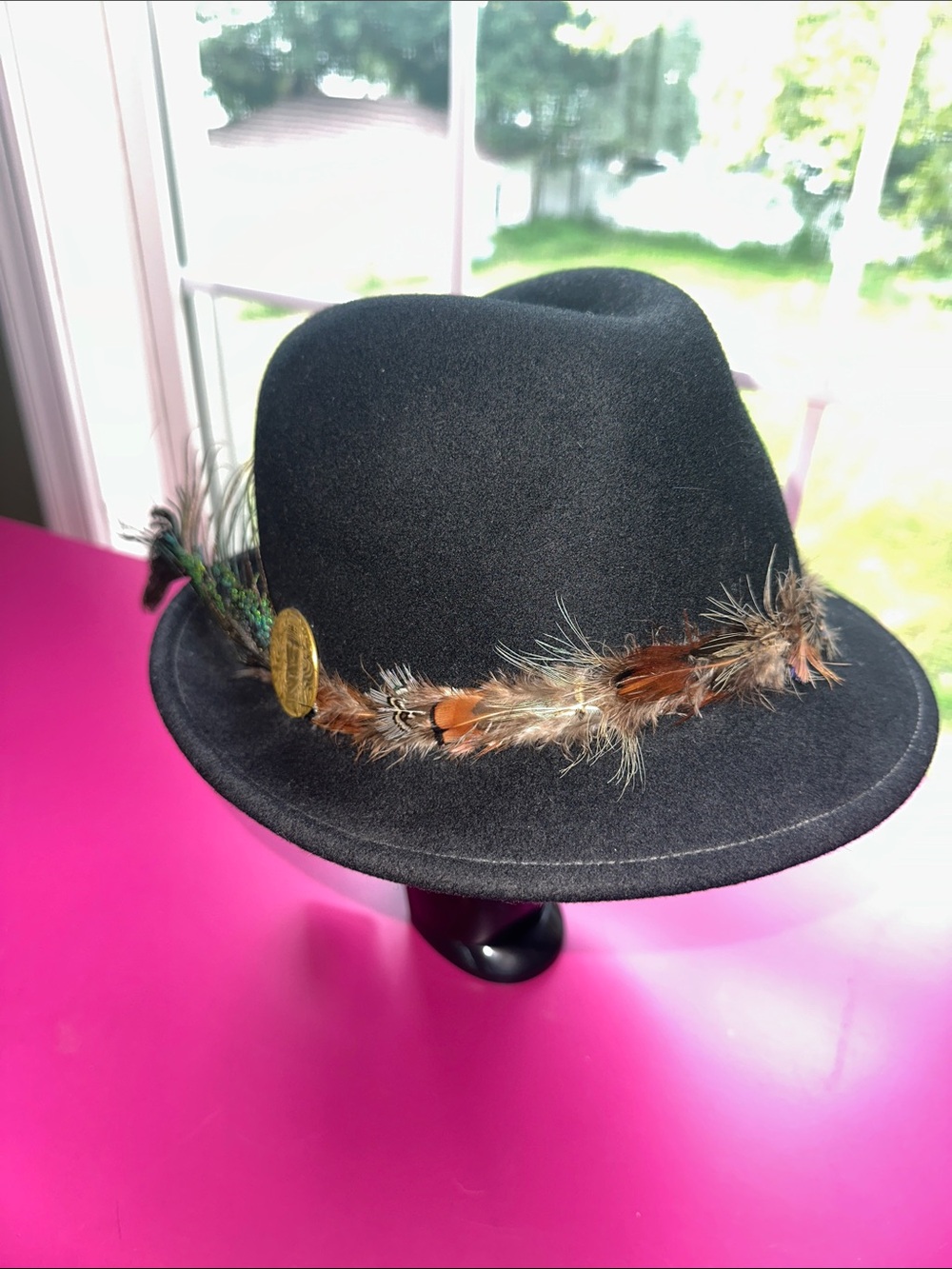 Black Feather Trim Wool Fedora Hat